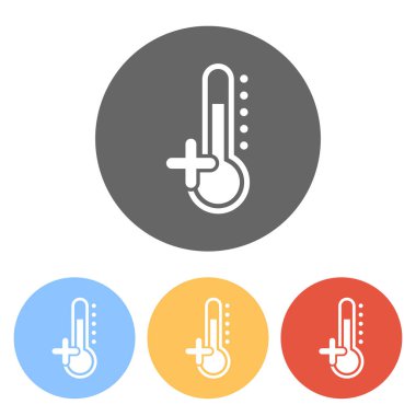 Termometre, sıcak. sıfır sıcaklık yukarıda. Renkli daireler üzerinde beyaz simgeler kümesi