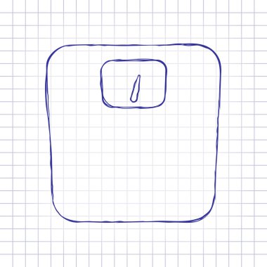 ağırlıklar, basit sembol siluet. Elle çizilmiş resim kağıt sayfası. Mavi mürekkep, anahat kroki tarzı. Damalı zemin üzerine doodle