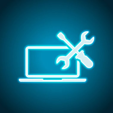 Laptop tamir servisi. Neon tarzı. Işık dekorasyon simgesi. Parlak elektrik sembolü