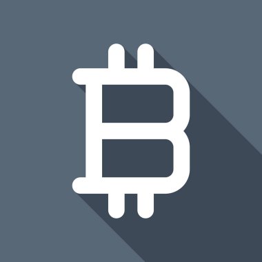 Bitcoin sembolü, basit simgesi. Uzun Gölge arka plan üzerinde beyaz düz simgesi