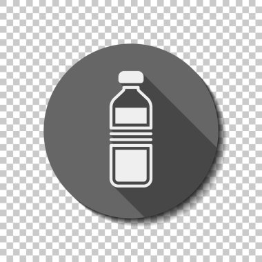 şişe su, basit simgesi. Saydam arka plan üzerinde bir dairede uzun gölge beyaz düz simgesi. Rozet veya etiket stili