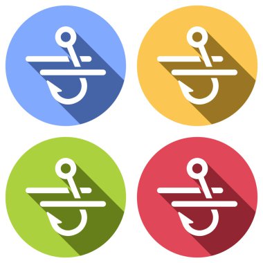 Balıkçılık kanca ve su. Basit simgesi. Mavi, turuncu, yeşil ve kırmızı renkli daireler uzun gölge ile beyaz simgeler kümesi. Etiket tarzı