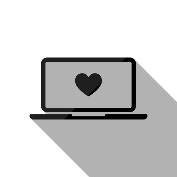 Ноутбук Ноутбук Сердцем Экране Простая Иконка Черный Объект Длинной Тенью — стоковый вектор