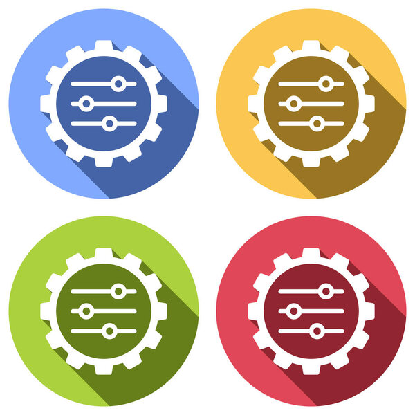 установка значка на передачу. Набор белых икон с длинной тенью на синих, оранжевых, зеленых и красных кругах. Стикер
