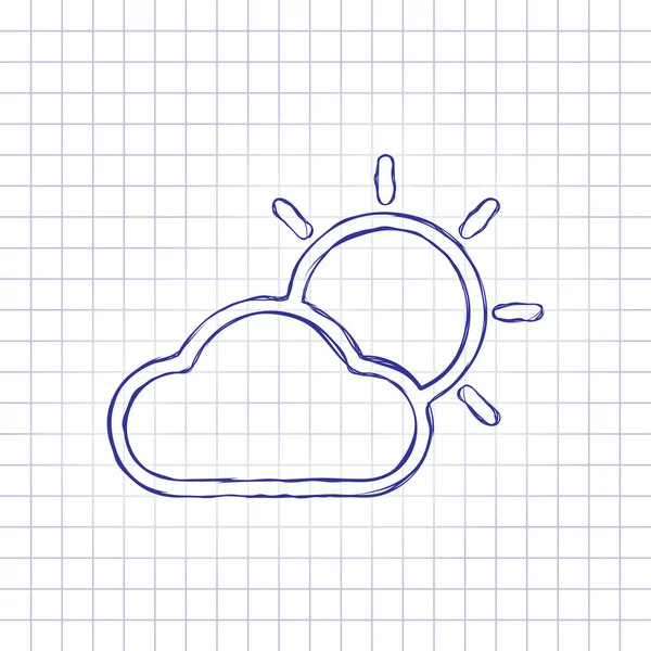 太陽と雲 天気記号です 輪郭が細い線形アイコン 手紙に描かれた絵 青インク アウトライン スケッチ スタイル 市松模様の背景の落書き — ストックベクタ