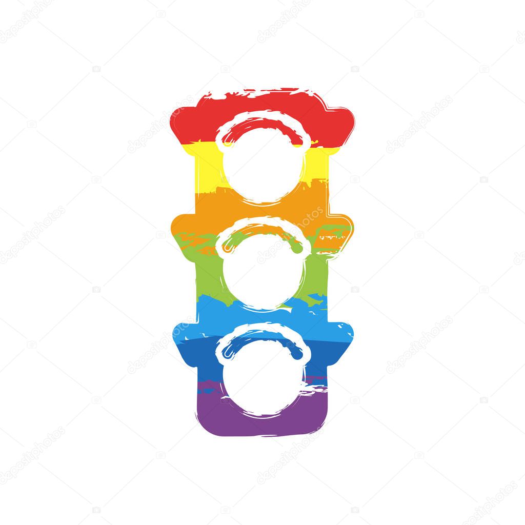 Traffic light icon. Drawing sign with LGBT style, seven colors of rainbow (red, orange, yellow, green, blue, indigo, violet