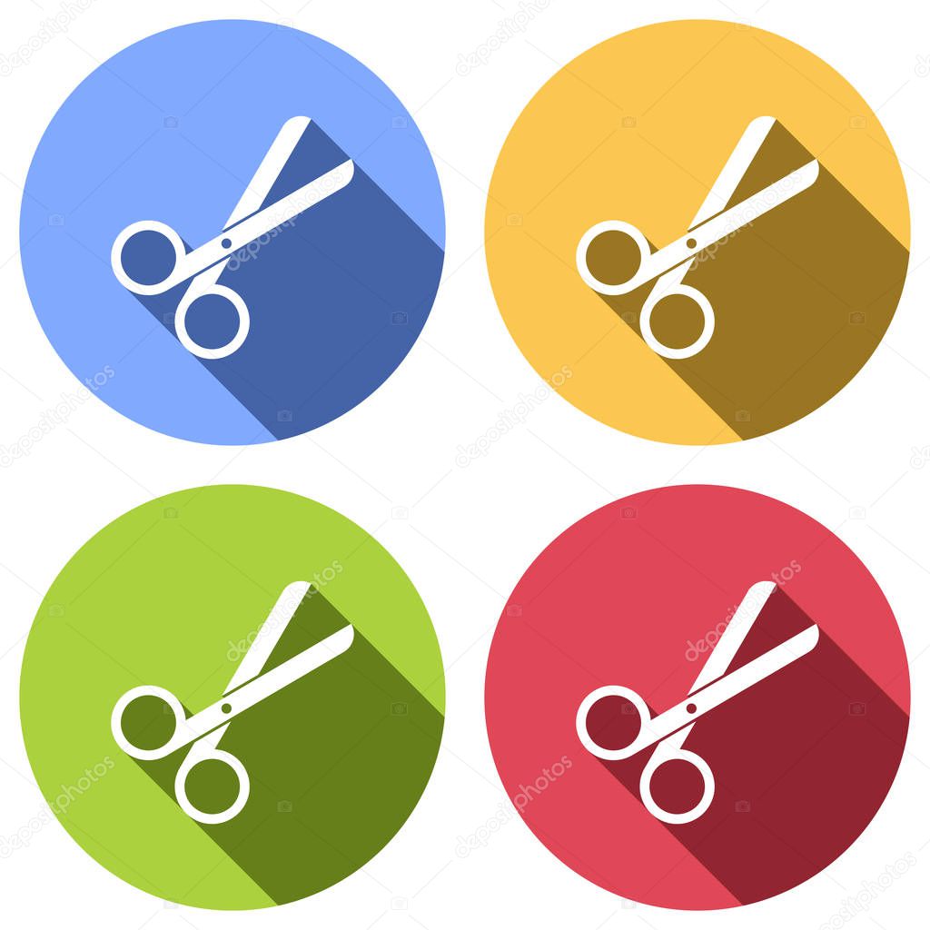 Scissors icon. Tool of barber. Set of white icons with long shadow on blue, orange, green and red colored circles. Sticker style