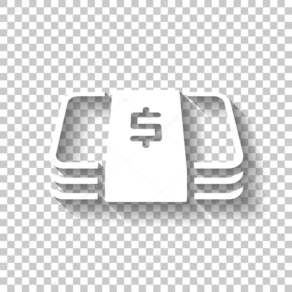 Pack of dollar money or vouchers. Business icon. White icon with shadow on transparent background