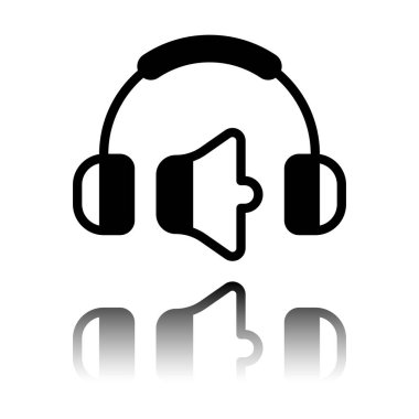 Kulaklık ve ses seviyesini. Dk ses seviyesini. Basit simgesi. Siyah beyaz arka plan ayna yansıması simgesiyle