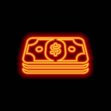 Doları para veya fişlerin sürüsü. İş simgesi. Siyah arka plan üzerine portakal neon tarzı. Işık simgesi