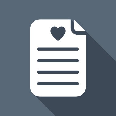 Tıbbi geçmişi veya rapor. En sevdiğiniz metin. Kağıt ve kalp. Uzun Gölge arka plan üzerinde beyaz düz simgesi