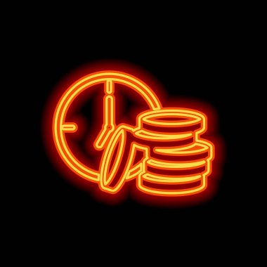 Vakit nakittir. Saat ve para yığını. Finans simgesi. Siyah arka plan üzerine portakal neon tarzı. Işık simgesi