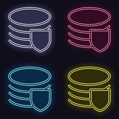 Basit veritabanı korumak. Doğrusal, ince anahat. Neon işareti kümesi. Koyu arka plan üzerinde casino tarzı. Seamless modeli