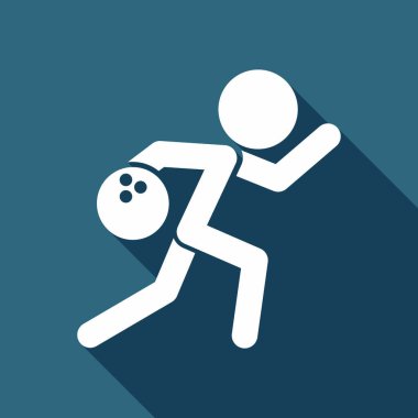 adam, simge Bovling çalıştırıyor. Uzun Gölge arka plan üzerinde beyaz düz simgesi