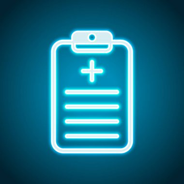 Tablet, tıbbi belge. Neon tarzı. Işık dekorasyon simgesi. Parlak elektrik sembolü