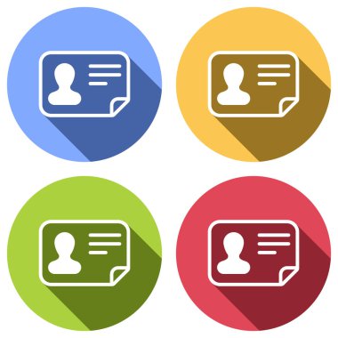 Kimlik kartı simgesi. Kimliği profil. Mavi, turuncu, yeşil ve kırmızı renkli daireler uzun gölge ile beyaz simgeler kümesi. Etiket tarzı