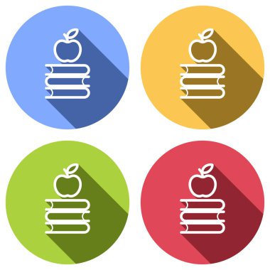 Elma üstünde kitap kutsal kişilerin resmi. Bilgi logosunu görmeniz gerekir. Mavi, turuncu, yeşil ve kırmızı renkli daireler uzun gölge ile beyaz simgeler kümesi. Etiket tarzı