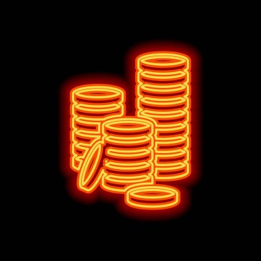 Sikke yığını simgesi. Siyah arka plan üzerine portakal neon tarzı. Işık simgesi