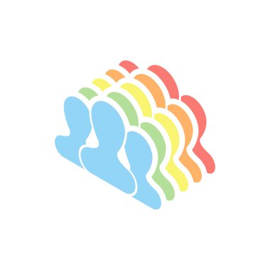 Takım, birkaç kişi. Beyaz arka plan üzerinde renkli izometrik simgeler yığını