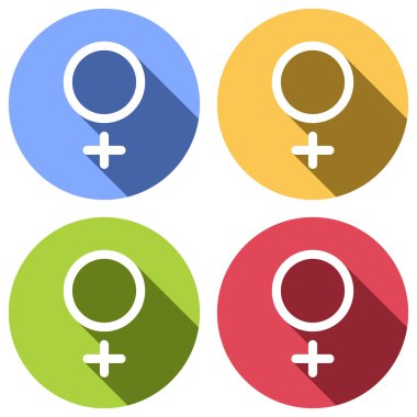 cinsiyet sembolü. Doğrusal sembolü. basit kadınlar simgesi. Mavi, turuncu, yeşil ve kırmızı renkli daireler uzun gölge ile beyaz simgeler kümesi. Etiket tarzı