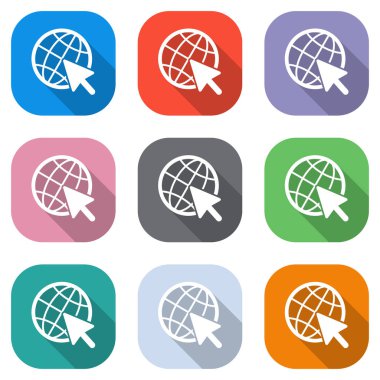 Küre ve ok simgesi. Beyaz simgeleri uygulamalar için renkli kareler olarak ayarlayın. Sorunsuz imkanı ve desen poster için