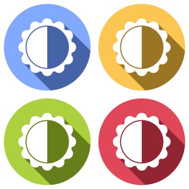 parlaklık. basit siluet. Mavi, turuncu, yeşil ve kırmızı renkli daireler uzun gölge ile beyaz simgeler kümesi. Etiket tarzı