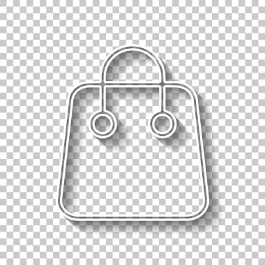 Alışveriş çantası simgesi. Doğrusal, ince anahat. Gölge şeffaf arka plan üzerinde beyaz anahat işaretiyle