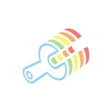 Basit anahtar. Doğrusal, ince anahat. Beyaz arka plan üzerinde renkli izometrik simgeler yığını