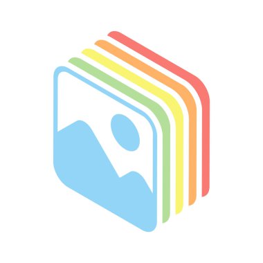 Basit resim simgesi. Beyaz arka plan üzerinde renkli izometrik simgeler yığını