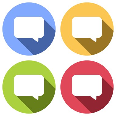 Basit metin bulut. Mavi, turuncu, yeşil ve kırmızı renkli daireler uzun gölge ile beyaz simgeler kümesi. Etiket tarzı