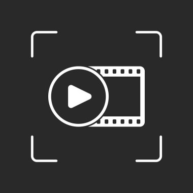 Film şeridi daire içinde oyun simgesiyle. basit siluet. Beyaz nesne kamera otomatik odaklama koyu arka plan üzerinde