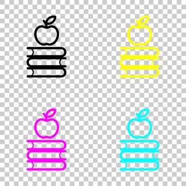 Elma üstünde kitap kutsal kişilerin resmi. Bilgi logosunu görmeniz gerekir. Cmyk simgeleri şeffaf arka plan üzerinde renkli dizi