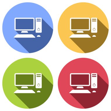 Kişisel bilgisayar, pc. Sistem birimi, monitör, klavye ve fare. Mavi, turuncu, yeşil ve kırmızı renkli daireler uzun gölge ile beyaz simgeler kümesi. Etiket tarzı