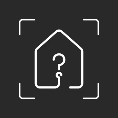 soru işareti simgesi olan ev. çizgi stili. Beyaz nesne kamera otomatik odaklama koyu arka plan üzerinde