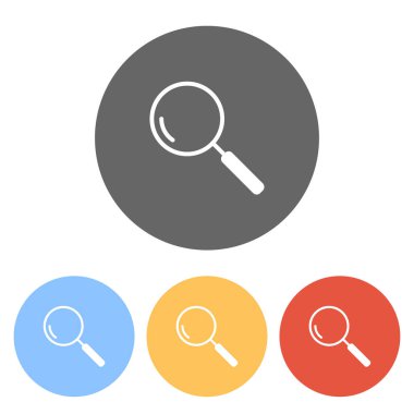 Büyüteç, arama veya büyütme. Doğrusal simgesi, ince anahat. Renkli daireler üzerinde beyaz simgeler kümesi