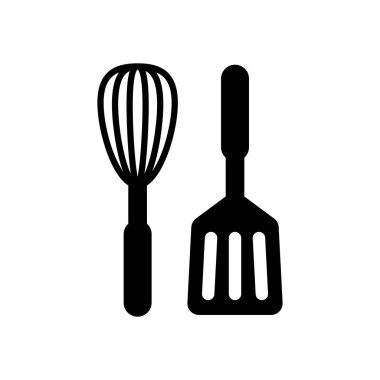 Mutfak Aracı simgesi. Çırpma teli ve spatula. Beyaz arka planda siyah