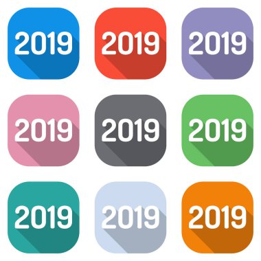 2019 sayı simgesi. Yeni Yılınız Kutlu Olsun. Beyaz simgeleri uygulamalar için renkli kareler olarak ayarlayın. Sorunsuz imkanı ve desen poster için