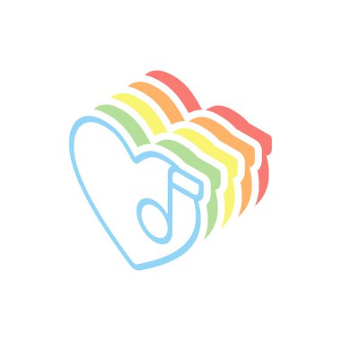 Duydum ve dikkat, favori müzik. İnce anahat ile doğrusal simgesi. Beyaz arka plan üzerinde renkli izometrik simgeler yığını