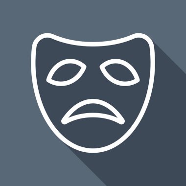 Üzgün maskesi tiyatro, trajedi duygu ile yüz, drama iz. Doğrusal anahat simgesi. Uzun Gölge mavi zemin üzerine beyaz düz simgesi