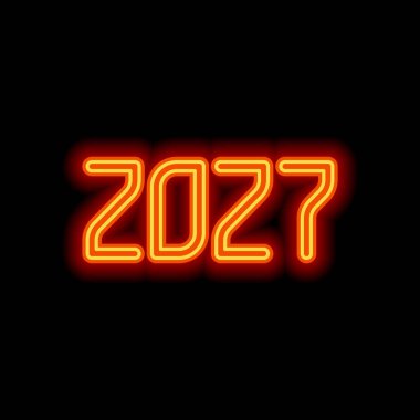 2027 sayı simgesi. Yeni Yılınız Kutlu Olsun. Siyah arka plan üzerine portakal neon tarzı. Işık simgesi