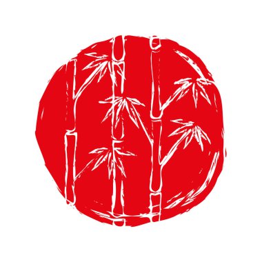 Bambu beyaz siluetleri kırmızı daire veya boya leke ağaçları. Çizim simgesini veya logo. Çizilmiş bambu ve yükselen güneş. Japon tarzı. Mürekkeple çizilmiş.