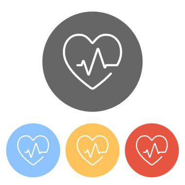 Kalp ve nabız hattı. Bir çizgi stili. İnce anahat ile doğrusal simgesi. Renkli daireler üzerinde beyaz simgeler kümesi