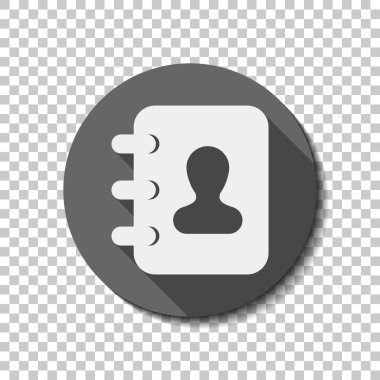 Adres defteri kapak adam simgesi olan. Saydam arka plan üzerinde bir dairede uzun gölge beyaz düz simgesi. Rozet veya etiket stili