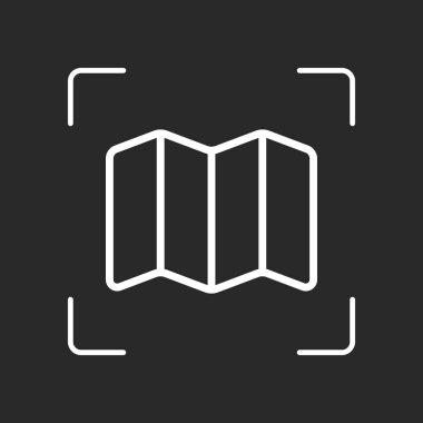 Basit harita simgesi. Doğrusal sembolü ile ince anahat. Beyaz nesne kamera otomatik odaklama koyu arka plan üzerinde