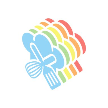 Chef şapka ve araçlar. Mutfak logosu, basit simgesi. Beyaz arka plan üzerinde renkli izometrik simgeler yığını