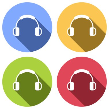 Kulaklık ve müzik. Sesi kısar. Basit simgesi. Mavi, turuncu, yeşil ve kırmızı renkli daireler uzun gölge ile beyaz simgeler kümesi. Etiket tarzı