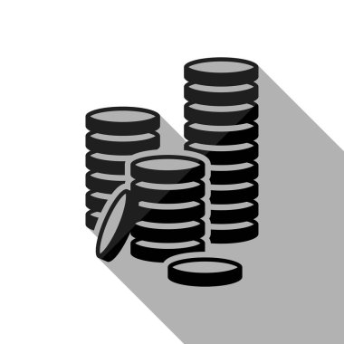 Sikke yığını simgesi. Uzun gölge beyaz arka planda siyah nesnesiyle