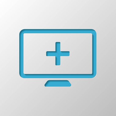 bilgisayar ve çapraz tıbbi, tıbbi bir site. basit simgesi. Kağıt tasarımı. Gölge ile düzenlenen sembolü