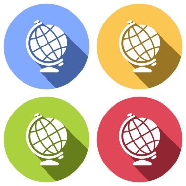 Basit küre sembolü. Mavi, turuncu, yeşil ve kırmızı renkli daireler uzun gölge ile beyaz simgeler kümesi. Etiket tarzı