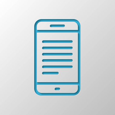 Hareket eden telefon ile metin üstünde perde. İnce anahat ile basit doğrusal simgesi. Kağıt tasarımı. Gölge ile düzenlenen sembolü